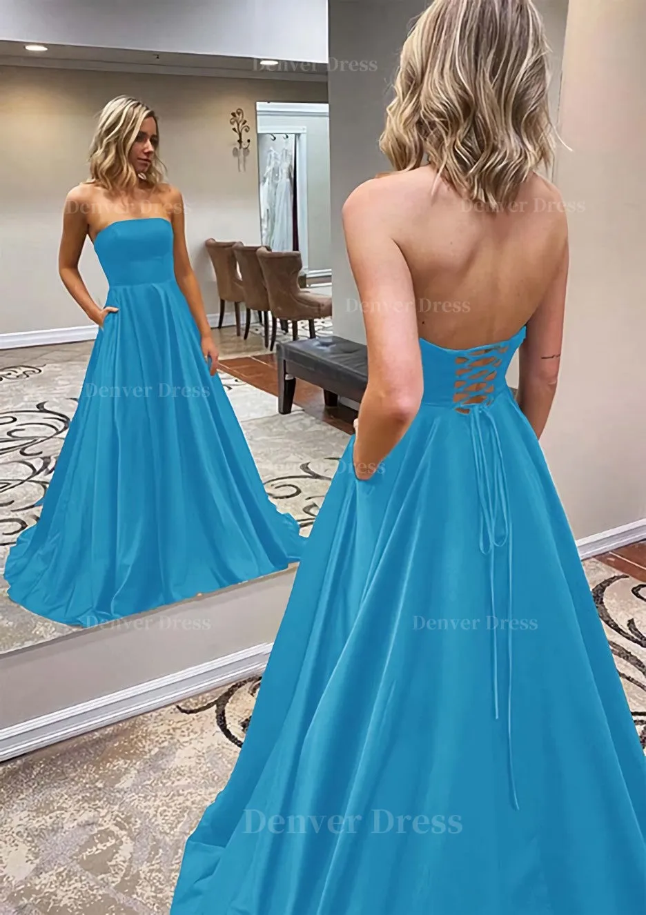 kamahe A-line Scalloped Neck Sweep Train Satin Prom Dress With Pockets