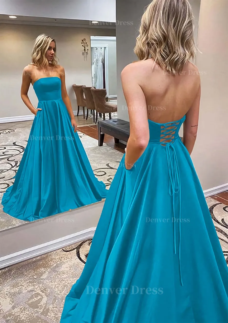 kamahe A-line Scalloped Neck Sweep Train Satin Prom Dress With Pockets