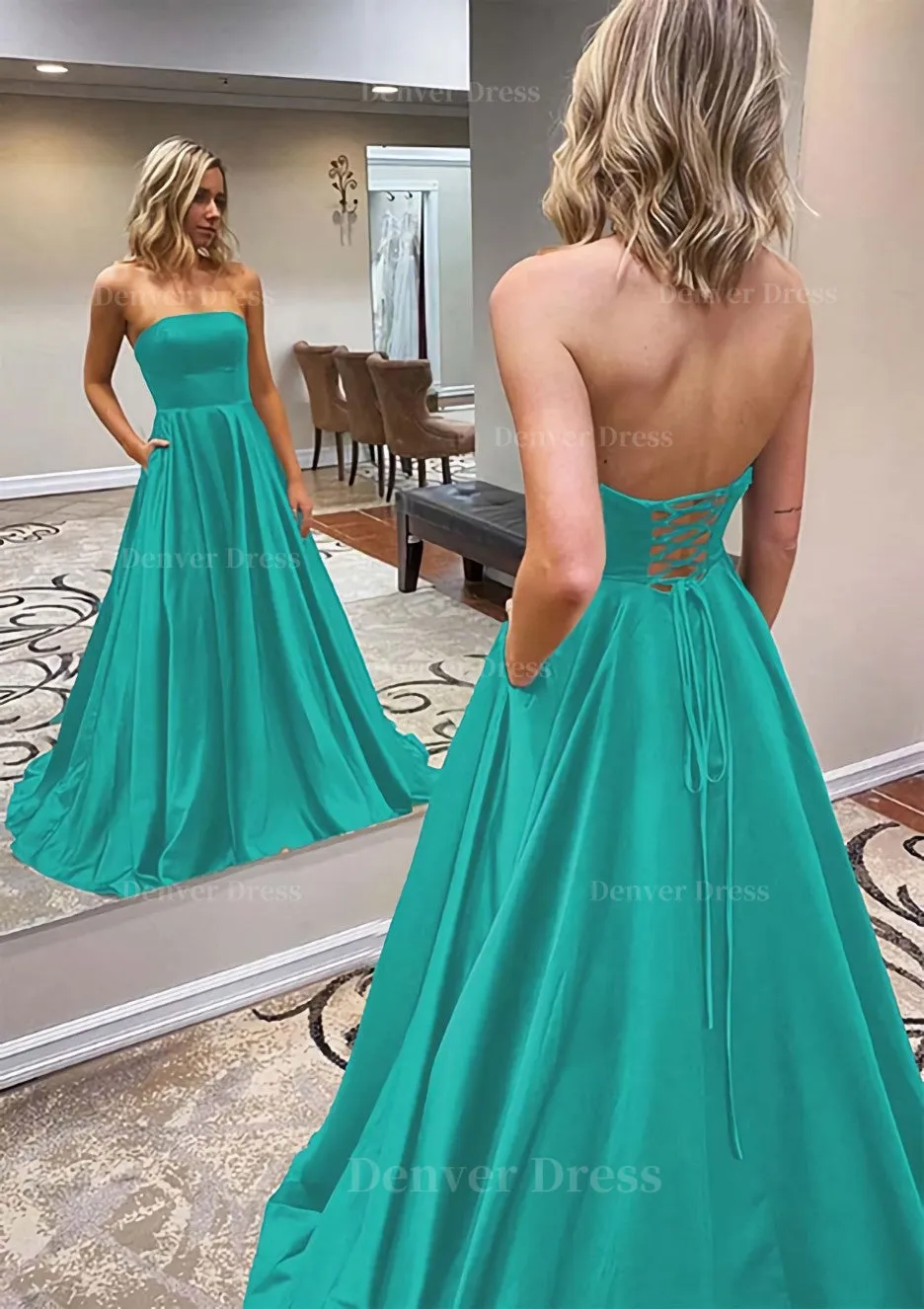 kamahe A-line Scalloped Neck Sweep Train Satin Prom Dress With Pockets