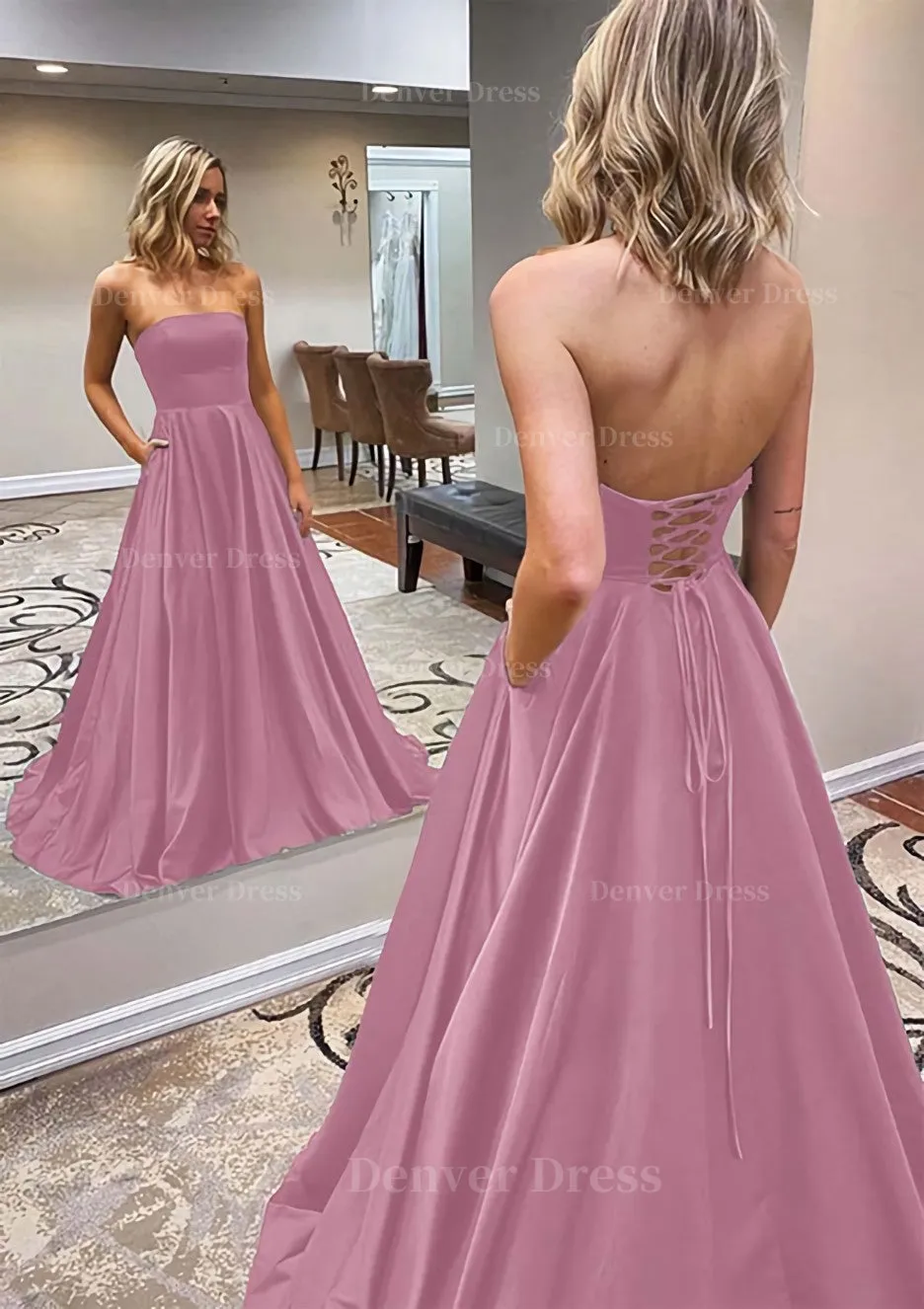 kamahe A-line Scalloped Neck Sweep Train Satin Prom Dress With Pockets