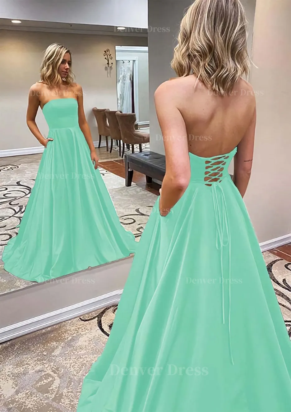 kamahe A-line Scalloped Neck Sweep Train Satin Prom Dress With Pockets