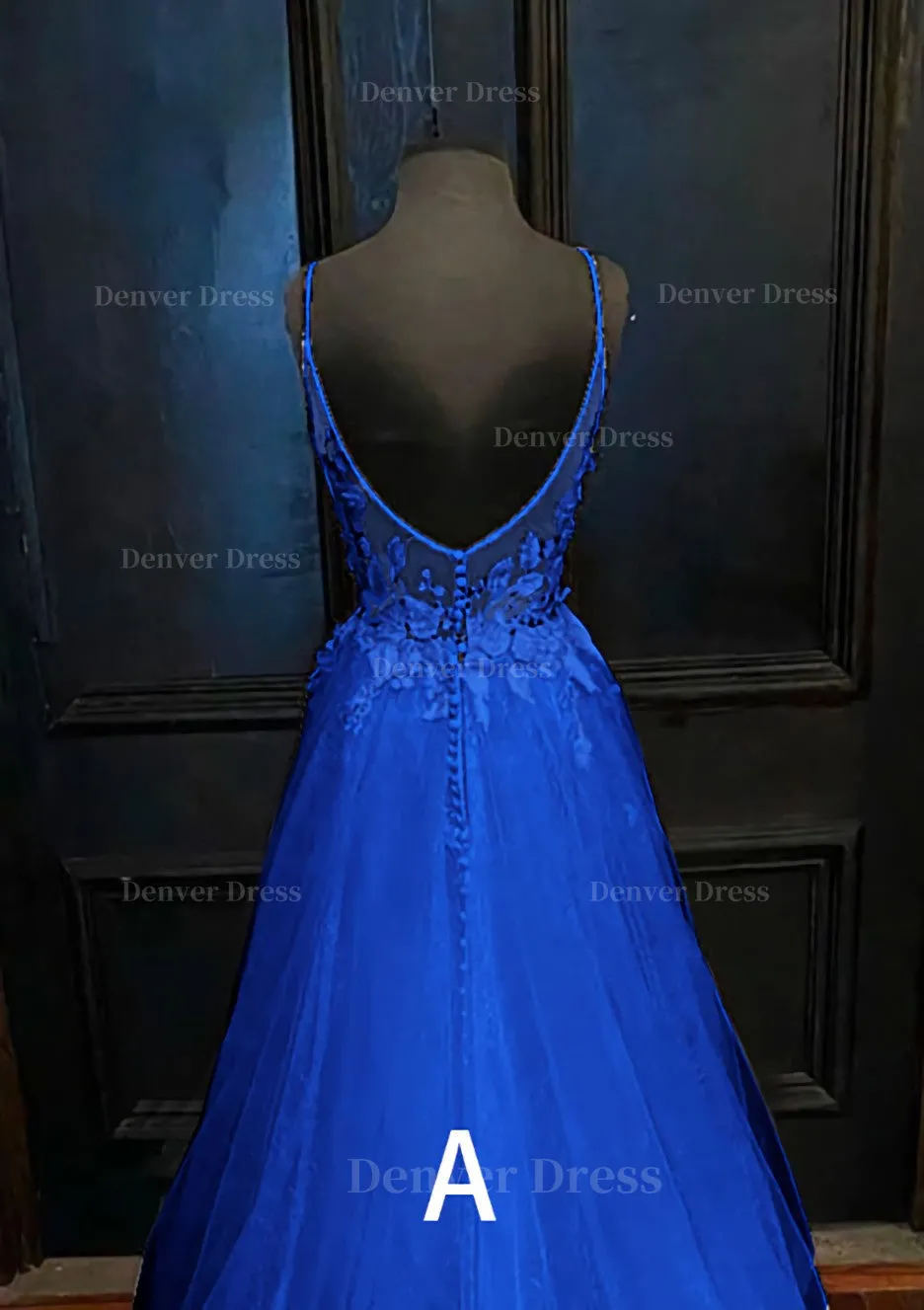 kamahe A-line V Neck Spaghetti Straps Sweep Train Tulle Prom Dress With Appliqued