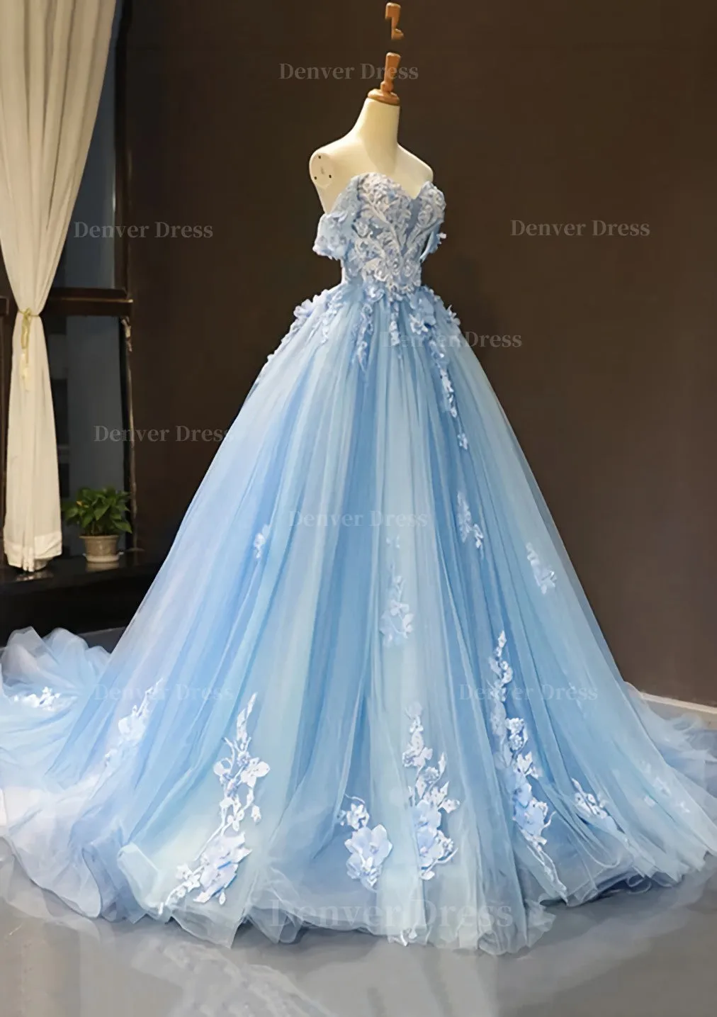 kamahe Ball Gown Off-the-Shoulder Sweep Train Tulle Prom Dress With Appliqued