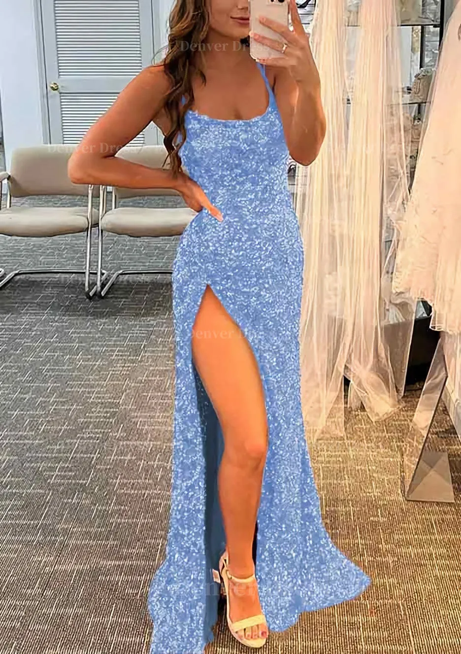 kamahe Sheath/Column Bateau Spaghetti Straps Long/Floor-Length Velvet Sequins Prom Dress With Split