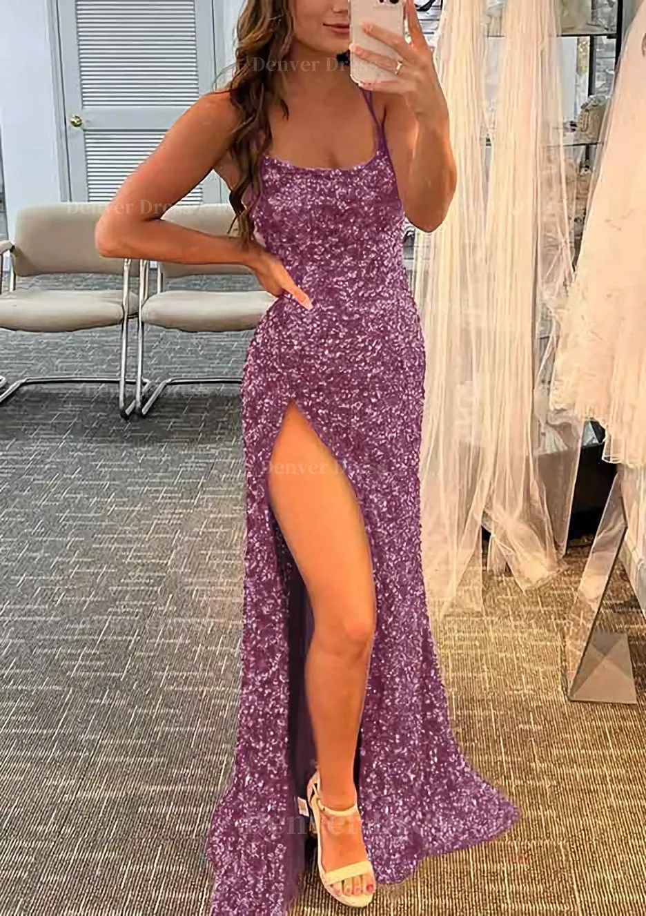 kamahe Sheath/Column Bateau Spaghetti Straps Long/Floor-Length Velvet Sequins Prom Dress With Split