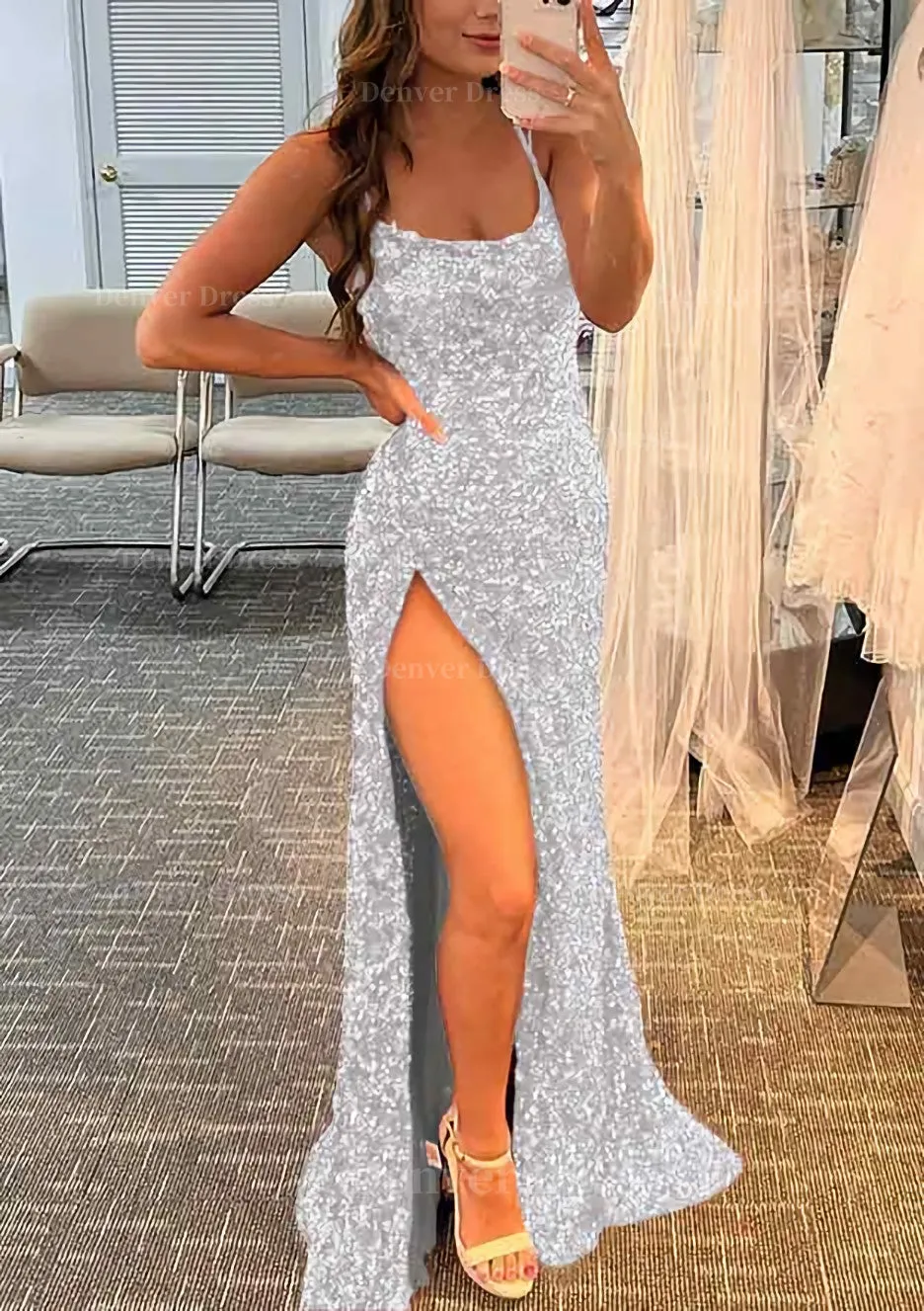 kamahe Sheath/Column Bateau Spaghetti Straps Long/Floor-Length Velvet Sequins Prom Dress With Split