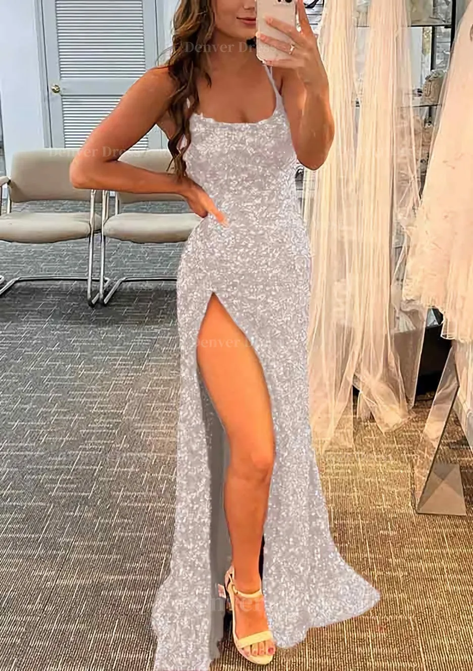 kamahe Sheath/Column Bateau Spaghetti Straps Long/Floor-Length Velvet Sequins Prom Dress With Split