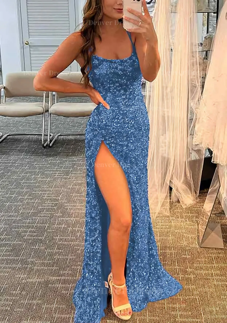 kamahe Sheath/Column Bateau Spaghetti Straps Long/Floor-Length Velvet Sequins Prom Dress With Split