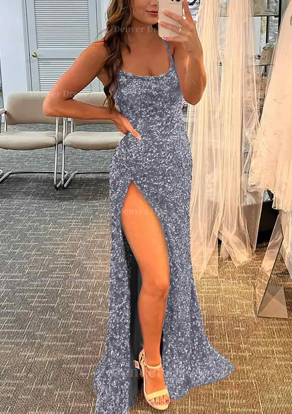 kamahe Sheath/Column Bateau Spaghetti Straps Long/Floor-Length Velvet Sequins Prom Dress With Split