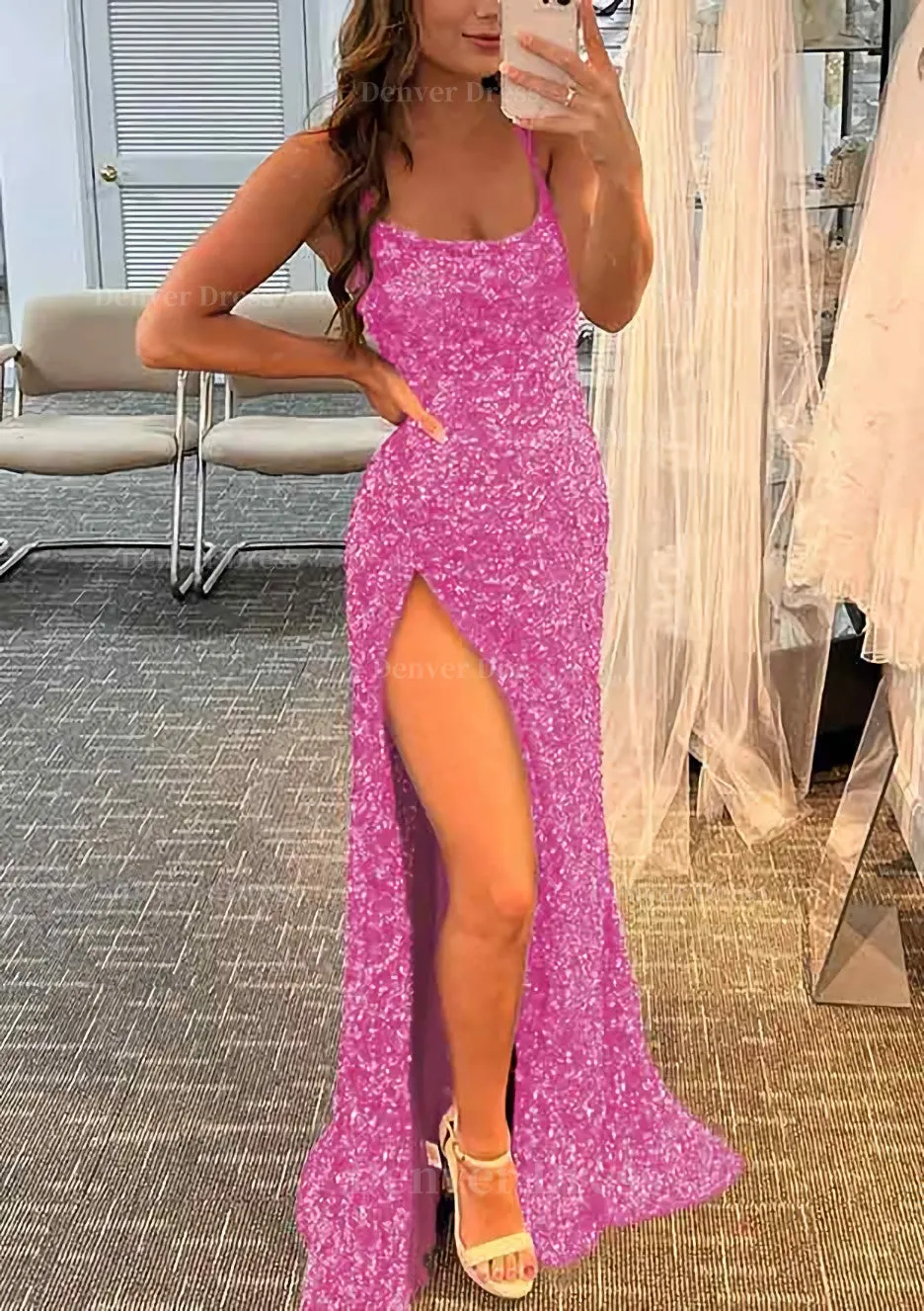 kamahe Sheath/Column Bateau Spaghetti Straps Long/Floor-Length Velvet Sequins Prom Dress With Split