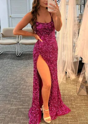 kamahe Sheath/Column Bateau Spaghetti Straps Long/Floor-Length Velvet Sequins Prom Dress With Split