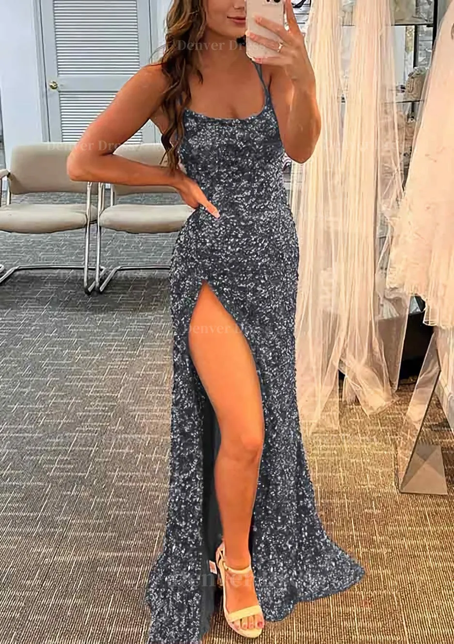 kamahe Sheath/Column Bateau Spaghetti Straps Long/Floor-Length Velvet Sequins Prom Dress With Split