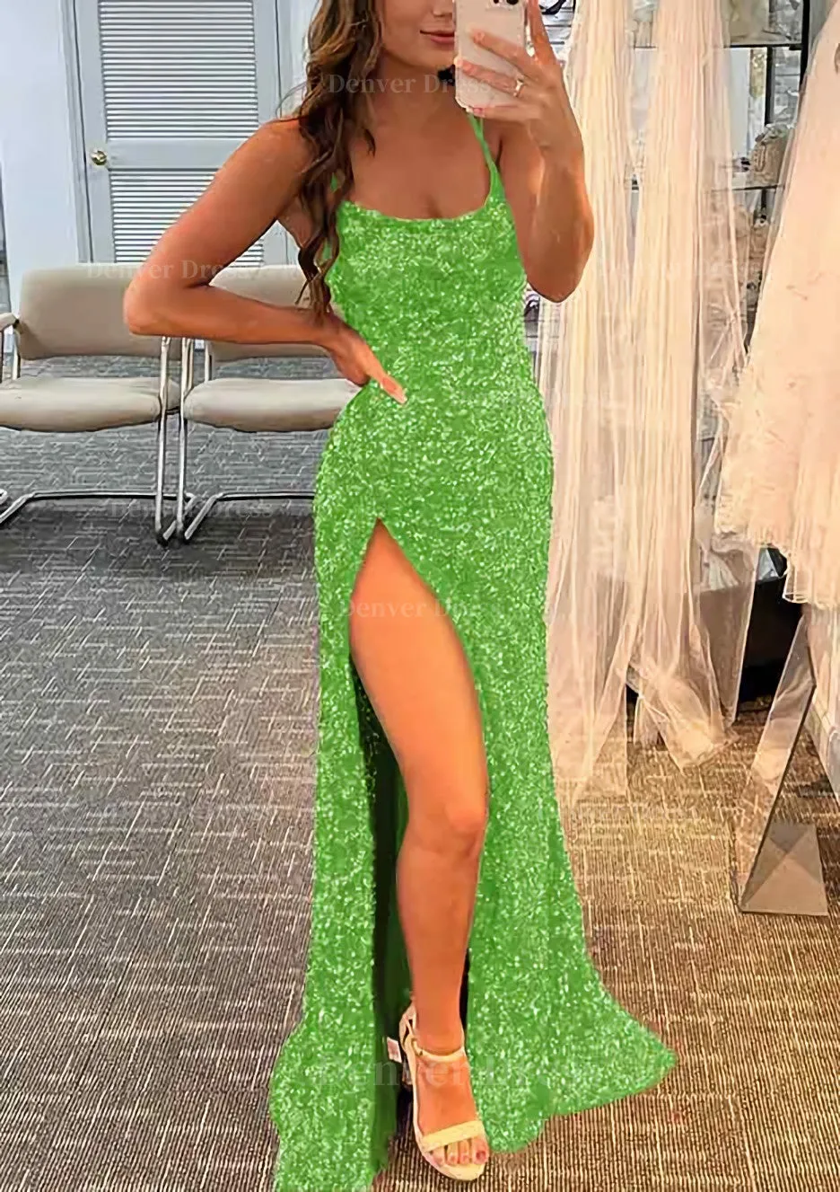 kamahe Sheath/Column Bateau Spaghetti Straps Long/Floor-Length Velvet Sequins Prom Dress With Split