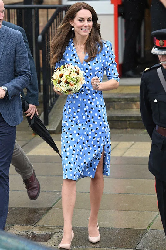 Kate Middleton Light Sky Blue Polka Dot Shirt Dress