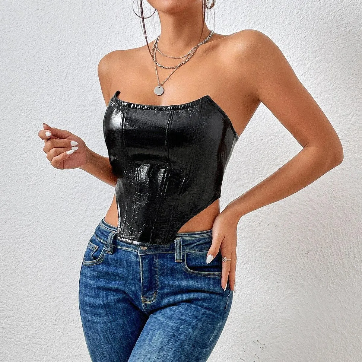 KittenAlarm - Mariah Off Shoulder PU Leather Corset Top