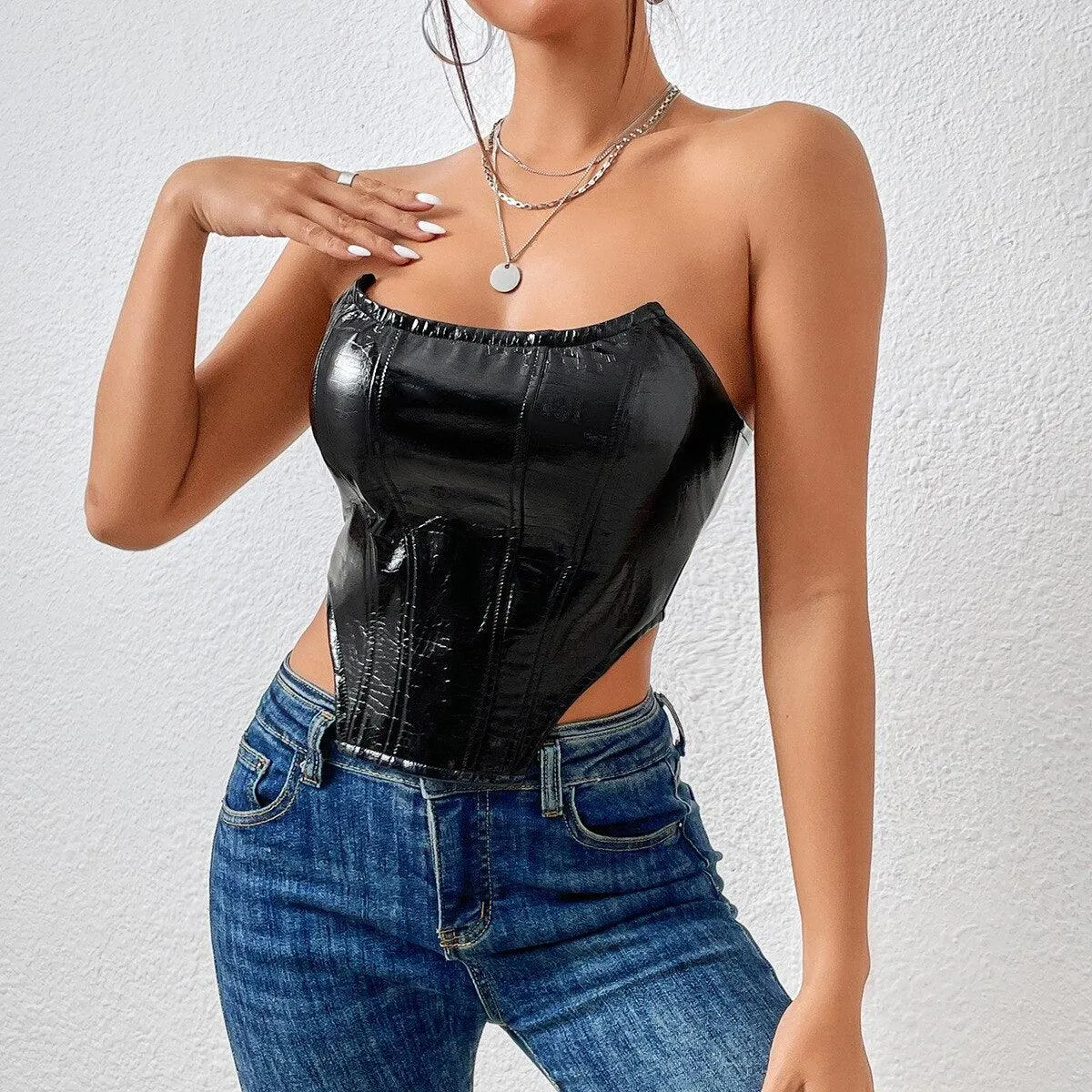 KittenAlarm - Mariah Off Shoulder PU Leather Corset Top