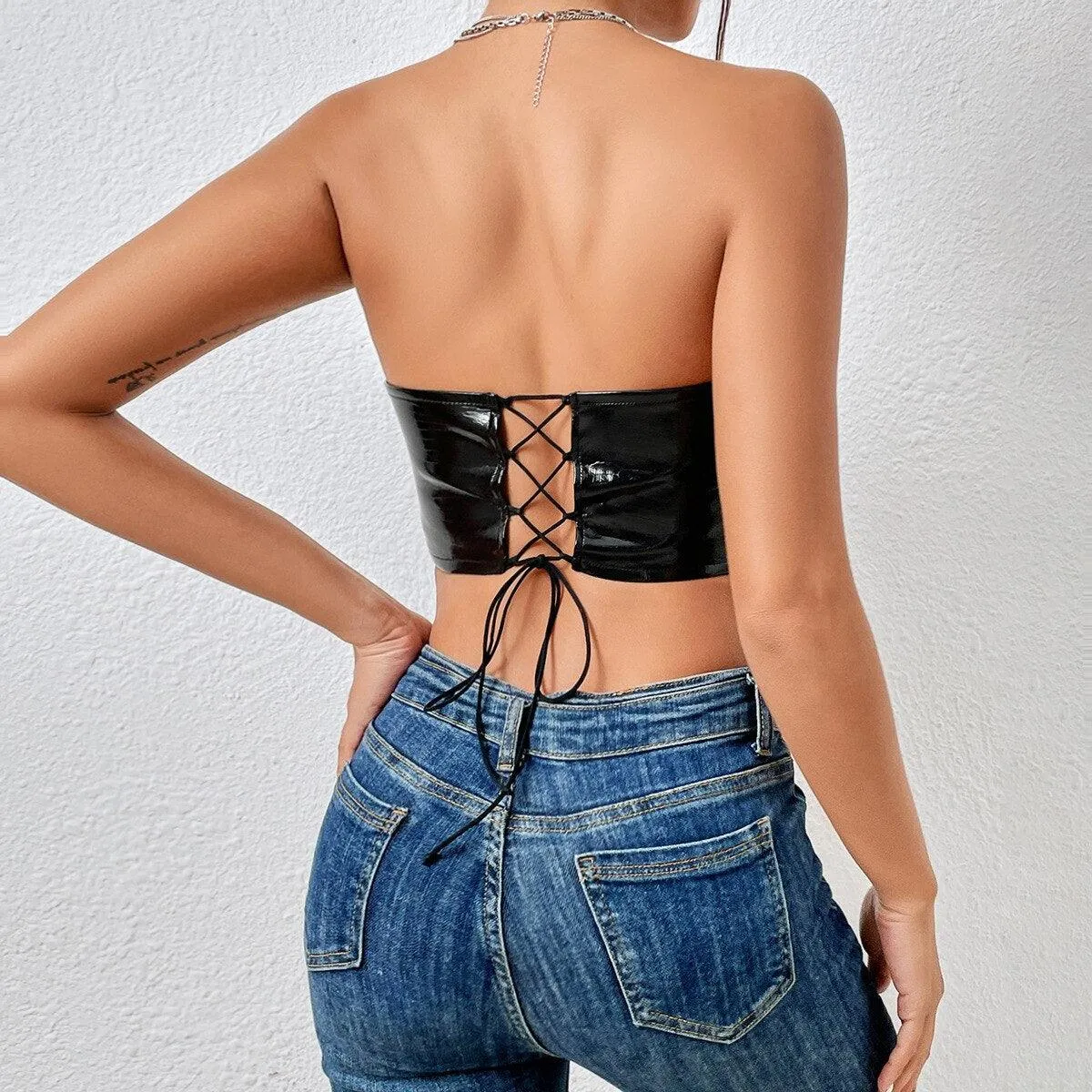 KittenAlarm - Mariah Off Shoulder PU Leather Corset Top