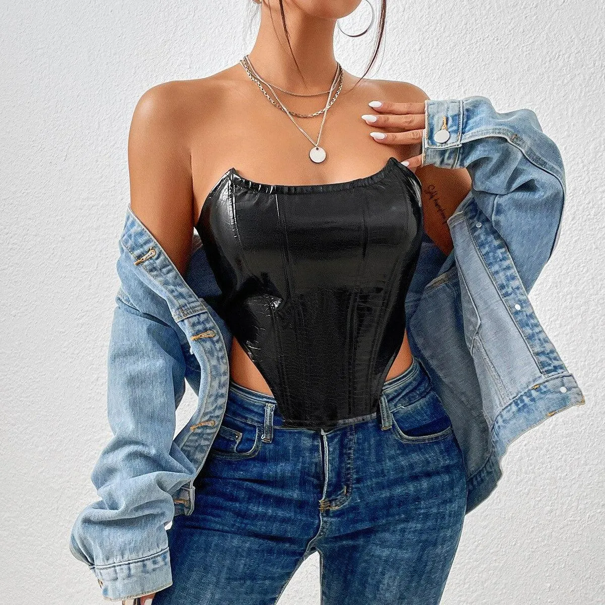 KittenAlarm - Mariah Off Shoulder PU Leather Corset Top