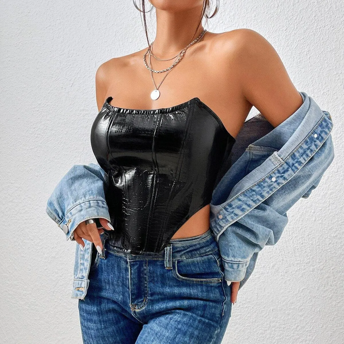 KittenAlarm - Mariah Off Shoulder PU Leather Corset Top