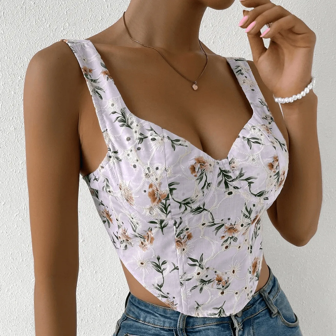 KittenAlarm - Shirley  Floral Print Eyelet Embroidered Tank Top