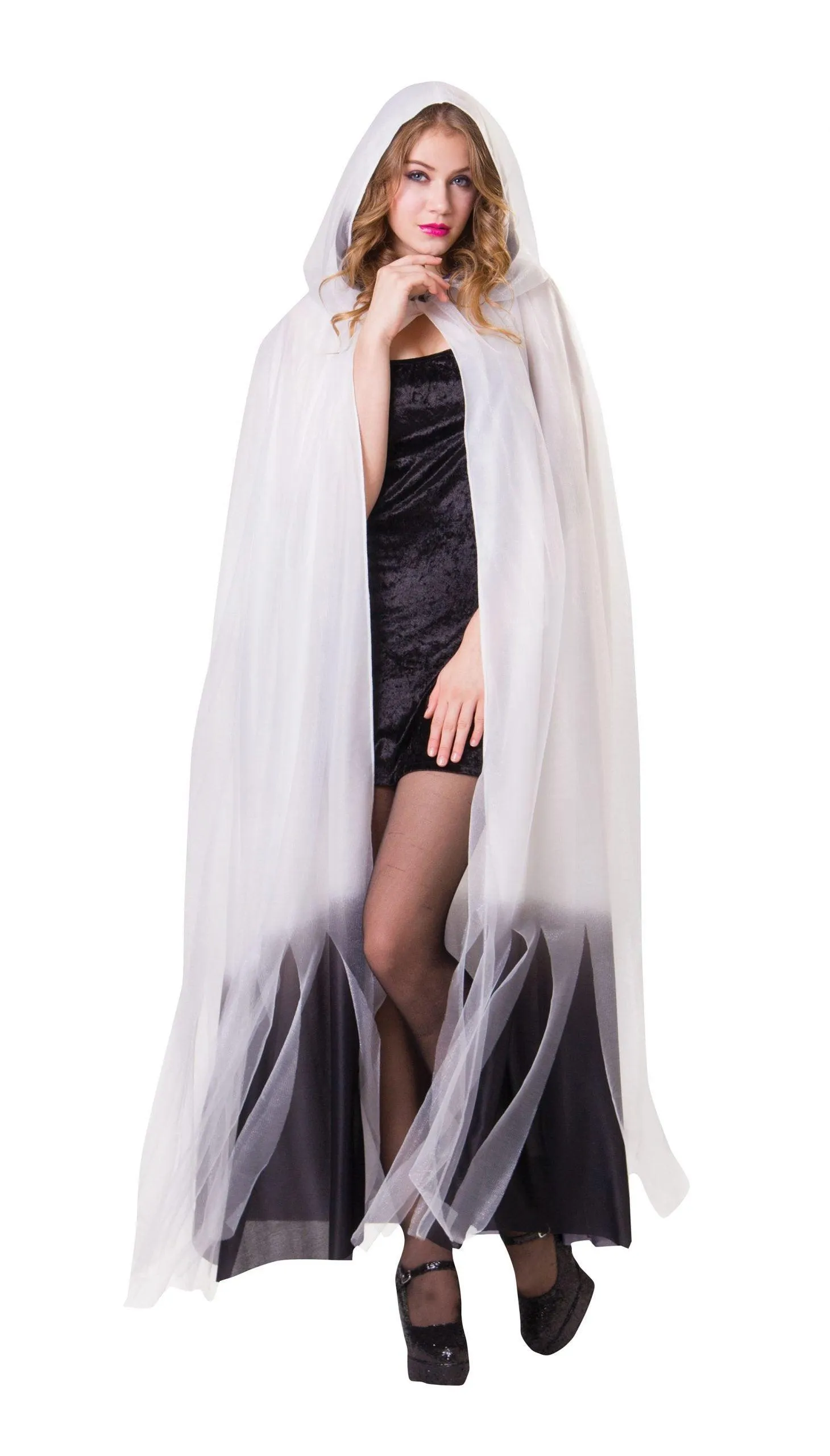 Ladies White & Black Ombre Hooded Cape Halloween Horror Fancy Dress