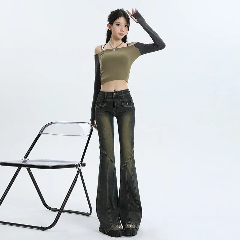 Lanfubeisi 2000s fashion Skinny Jeans Women's Autumn and Winter New Pocket High Waist Slimming Small Mop Horseshoe Flared Pants