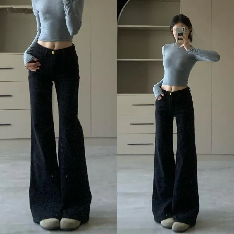 Lanfubeisi fashion outfits Black Hot Girl Low Waist Micro Flared Jeans Women's Autumn American Retro High Street Straight Mop Long Pants