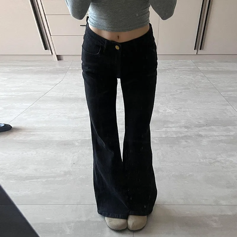 Lanfubeisi fashion outfits Black Hot Girl Low Waist Micro Flared Jeans Women's Autumn American Retro High Street Straight Mop Long Pants