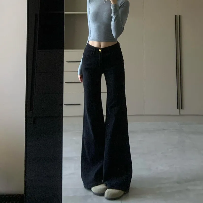 Lanfubeisi fashion outfits Black Hot Girl Low Waist Micro Flared Jeans Women's Autumn American Retro High Street Straight Mop Long Pants