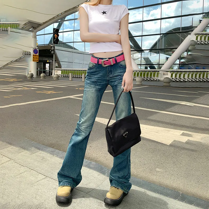 Lanfubeisi y2k outfits Flared Jeans Women's Autumn New American Retro Embroidered Low Waist Slimming Slim Fit Flared Pants Fashion