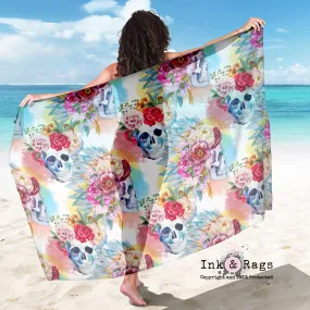 Large Sheer Colorful Small Print Bohemian Skull and Flower Scarf, Sarong, Shawl