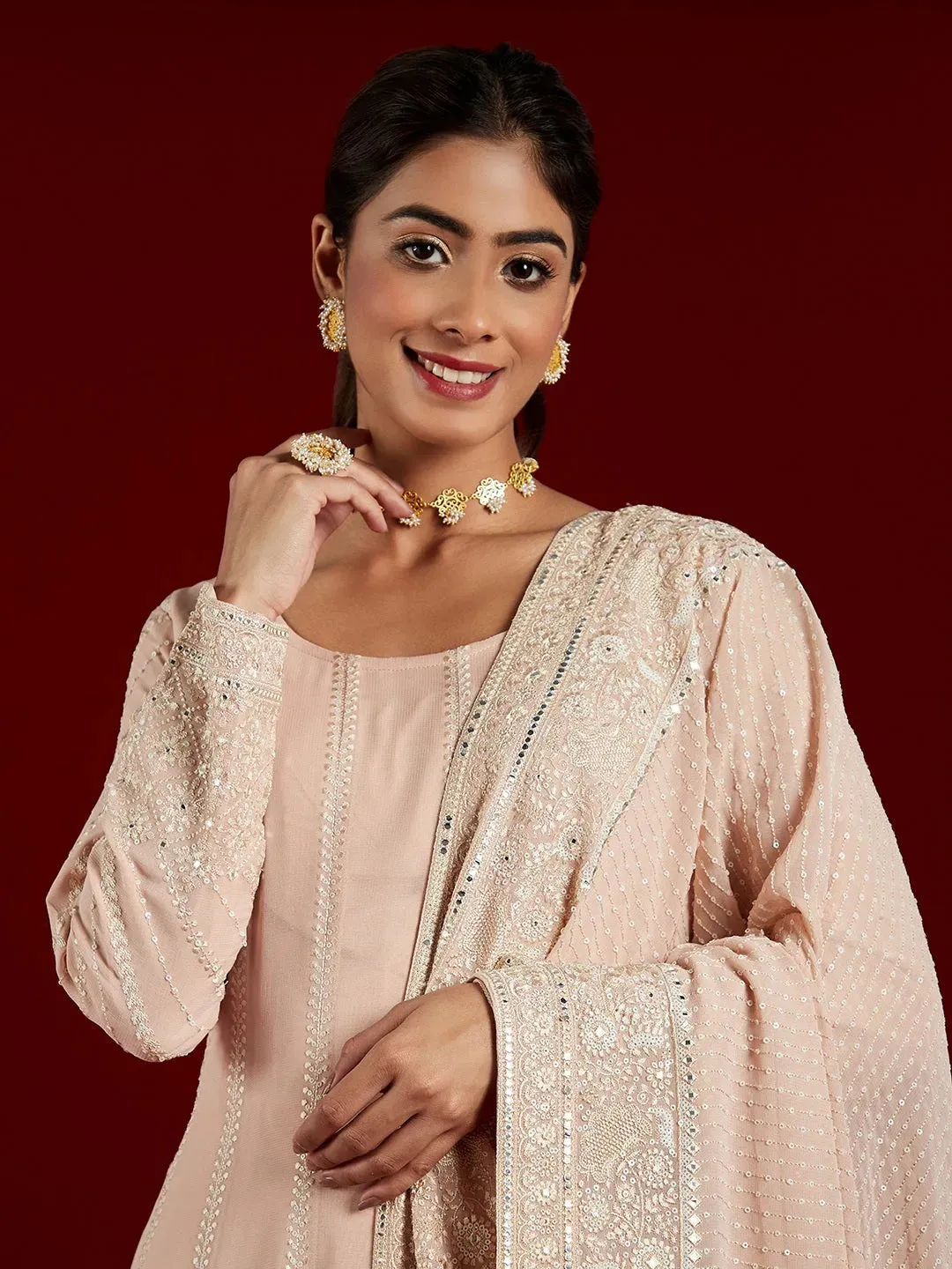 Libas Art Peach Embroidered Georgette A-Line Kurta With Palazzos & Dupatta