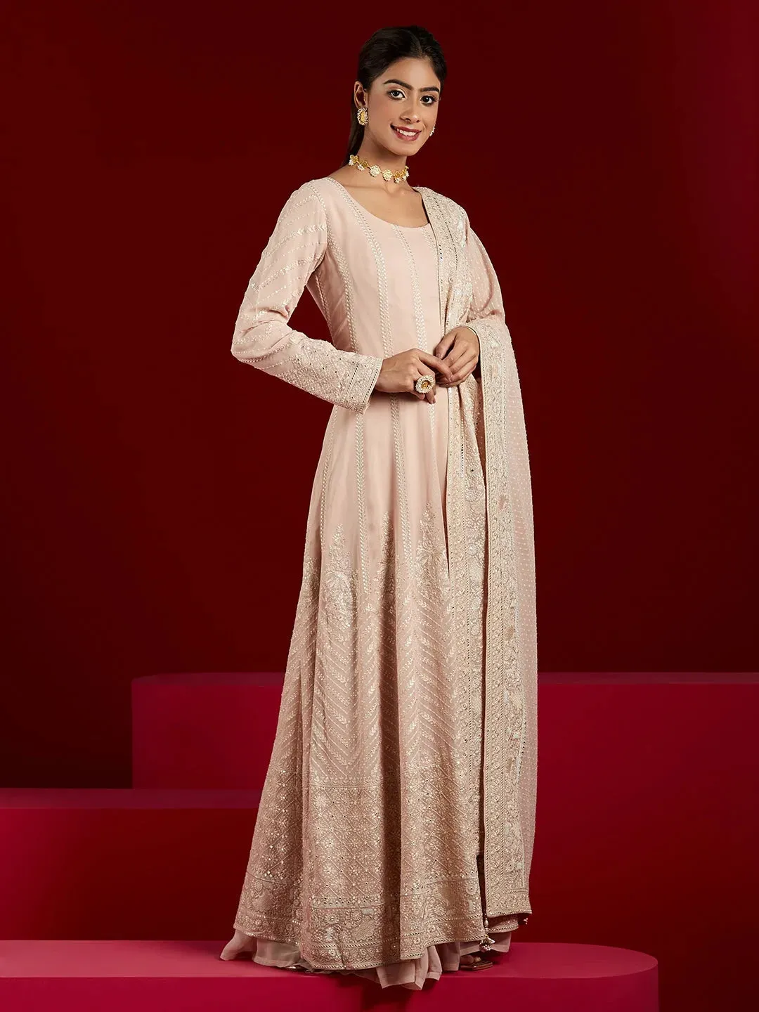 Libas Art Peach Embroidered Georgette A-Line Kurta With Palazzos & Dupatta