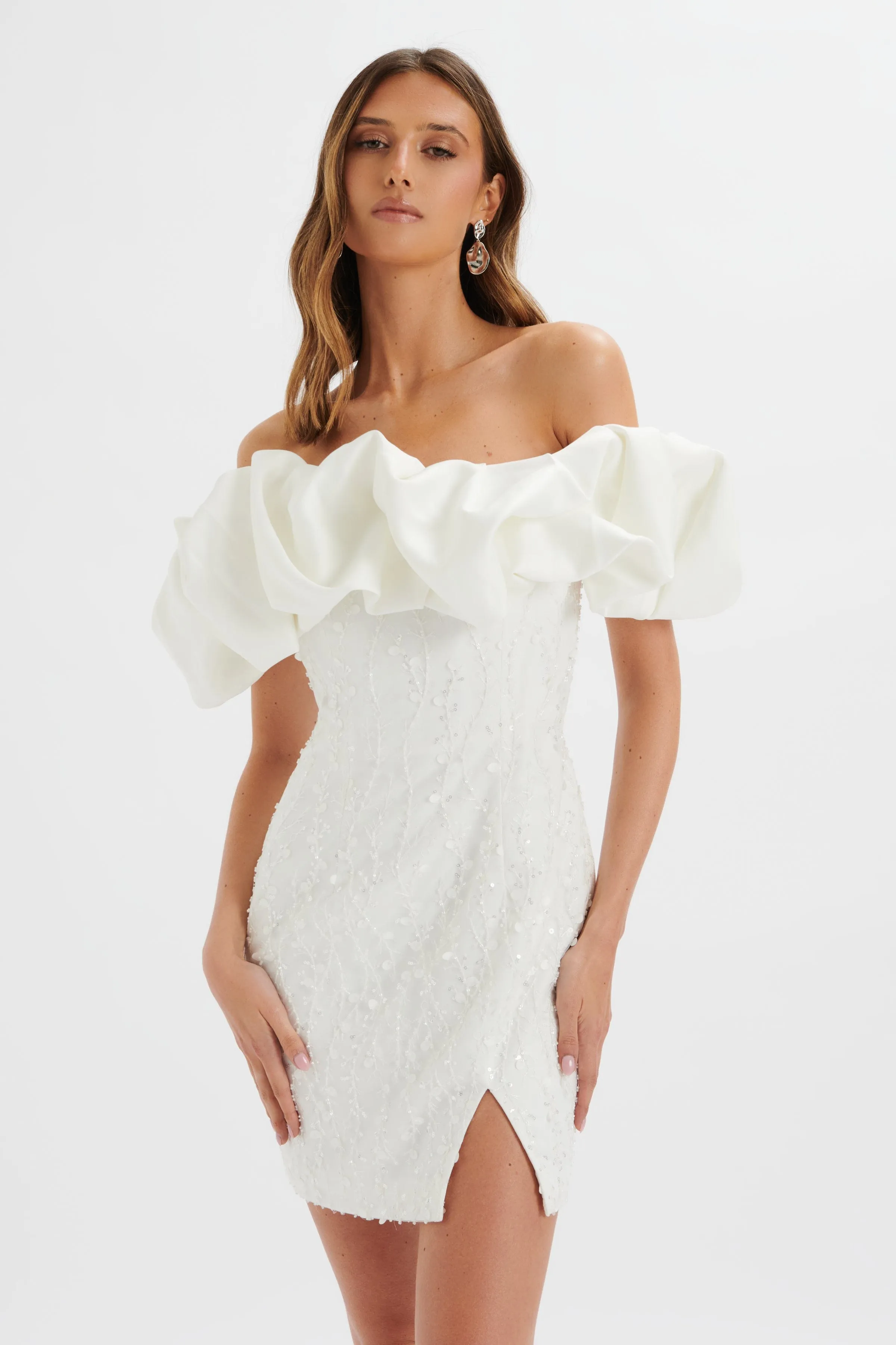 MARCIA 3D Embroidered Satin Puff Mini Dress in White