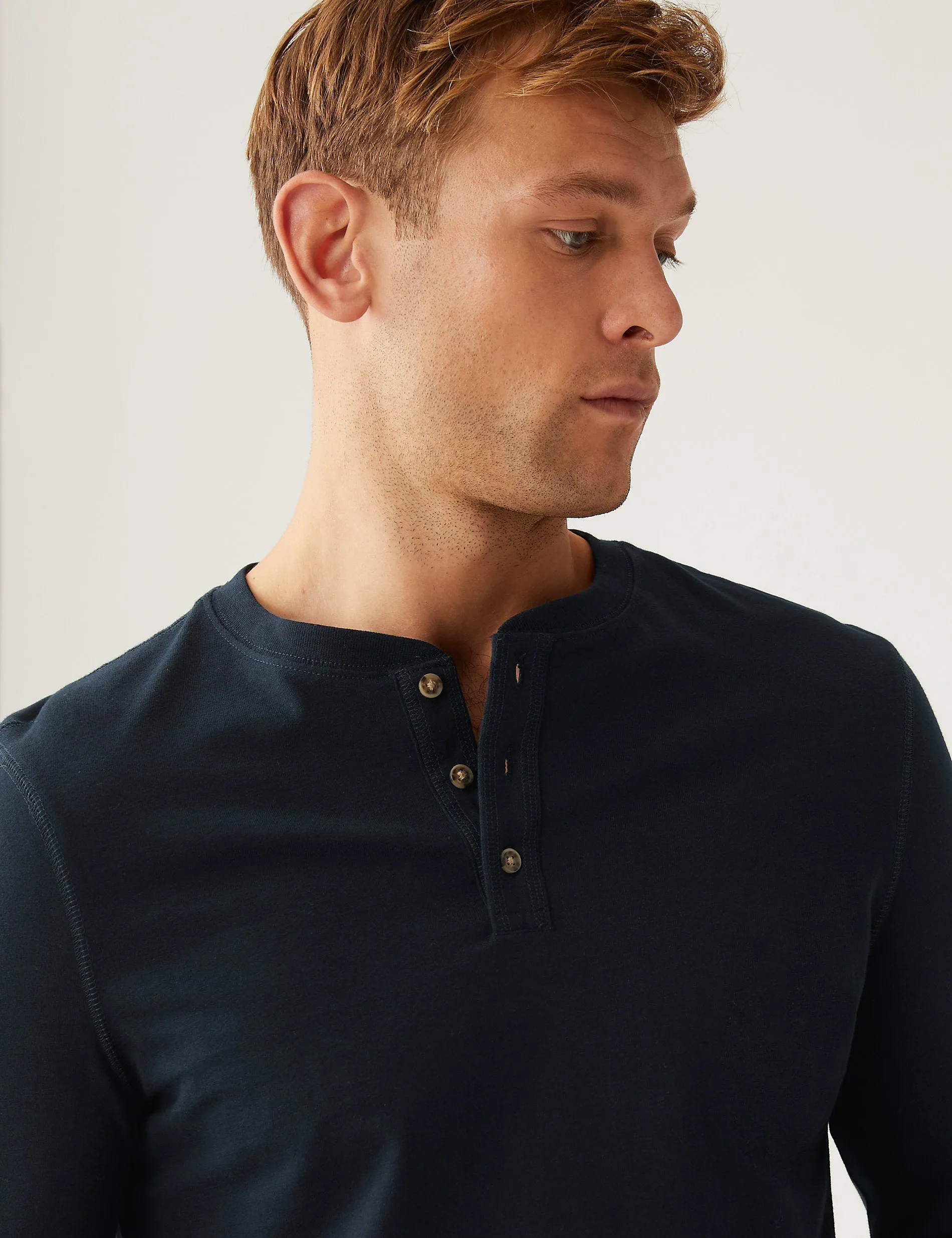 Marks & Spencer Brushed Cotton Crew Neck Henley T-Shirt, Navy