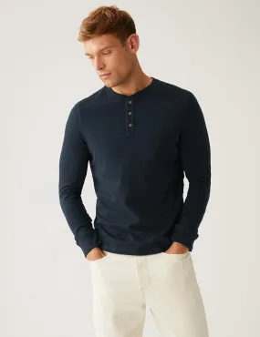 Marks & Spencer Brushed Cotton Crew Neck Henley T-Shirt, Navy