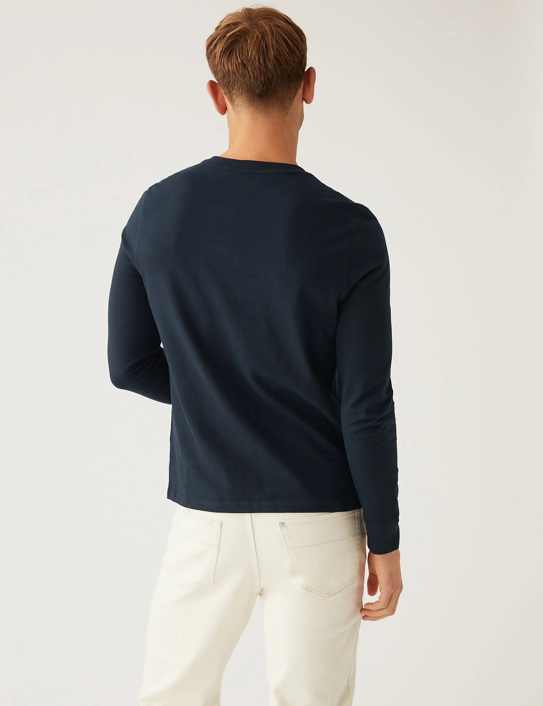 Marks & Spencer Brushed Cotton Crew Neck Henley T-Shirt, Navy