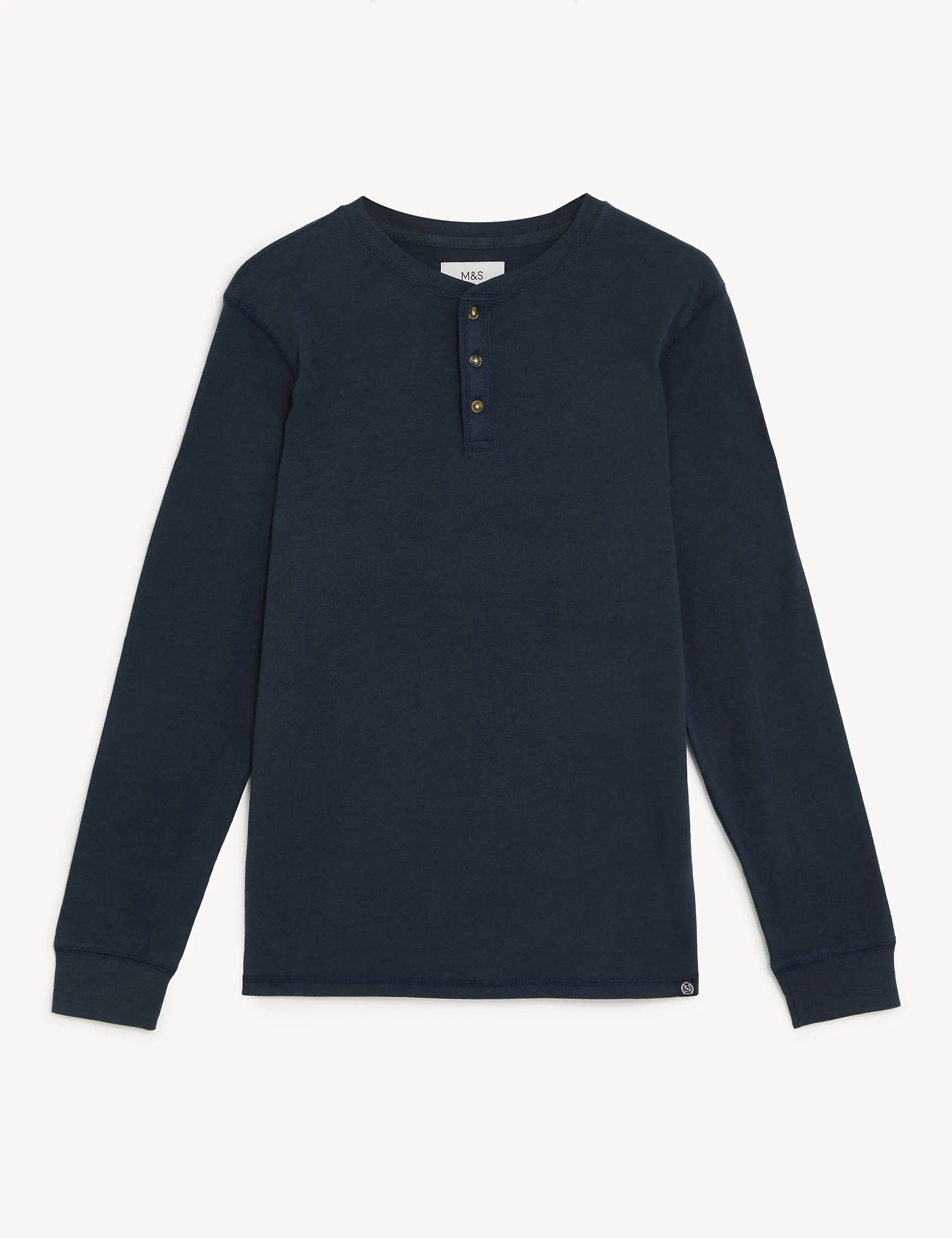 Marks & Spencer Brushed Cotton Crew Neck Henley T-Shirt, Navy