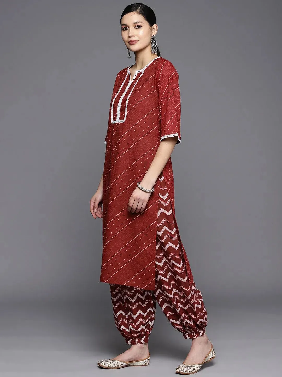 Maroon Printed Cotton Straight Kurta With Salwar