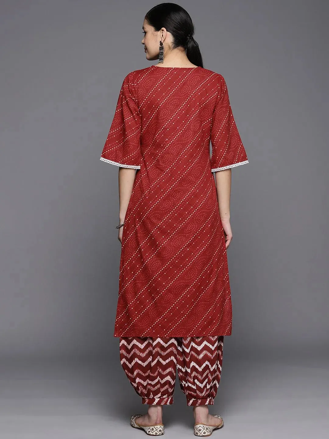 Maroon Printed Cotton Straight Kurta With Salwar