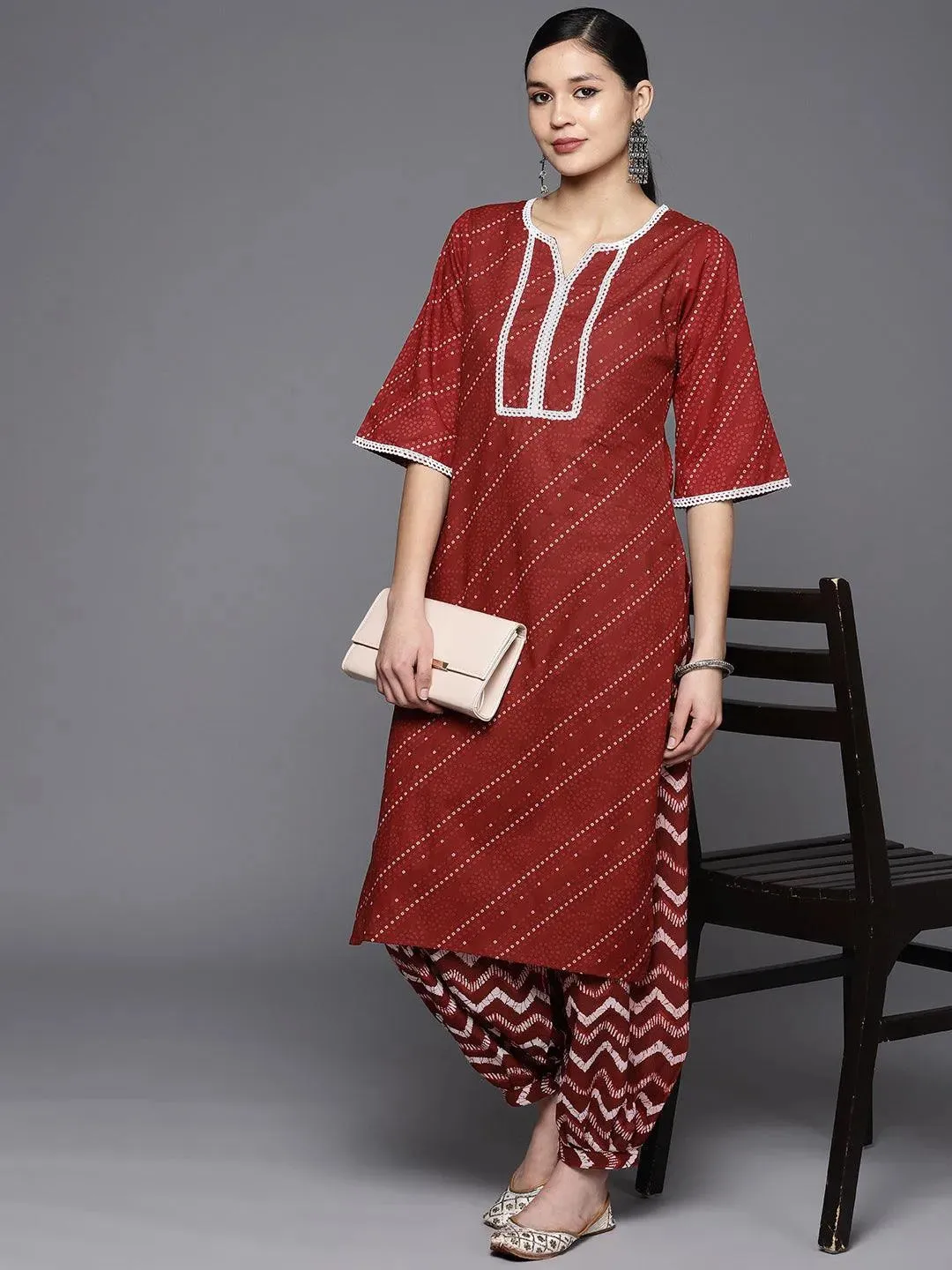 Maroon Printed Cotton Straight Kurta With Salwar