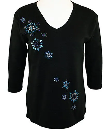 Morning Sun - Snowflake Breeze, Black 3/4 Sleeve V-Neck Rhinestone Top