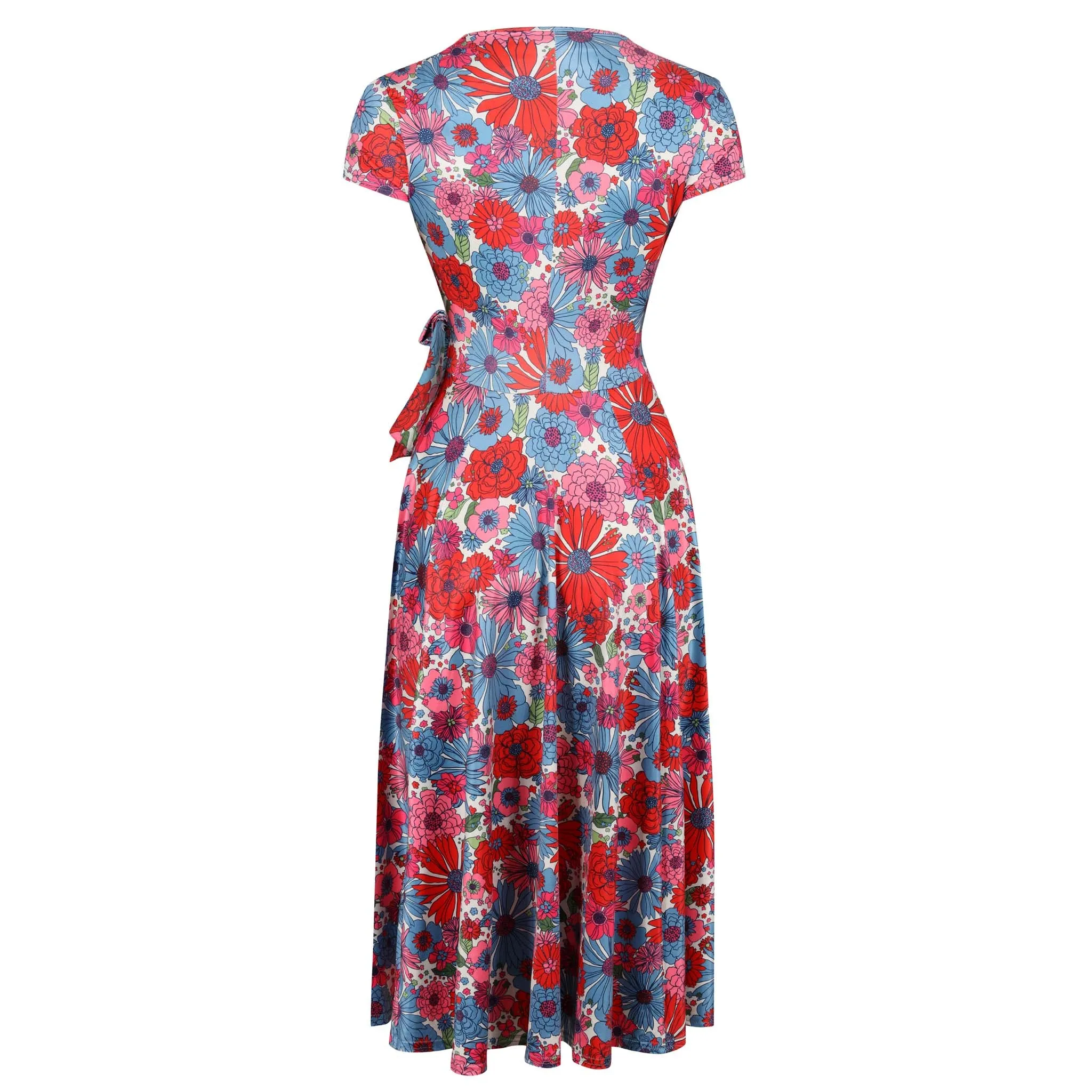 Multi Red Blue Floral Print Cap Sleeve Crossover Top Swing Dress