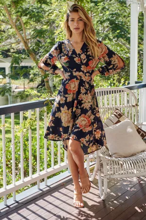 Natalie Cross Over Long Sleeve Navy/Orange Print Dress