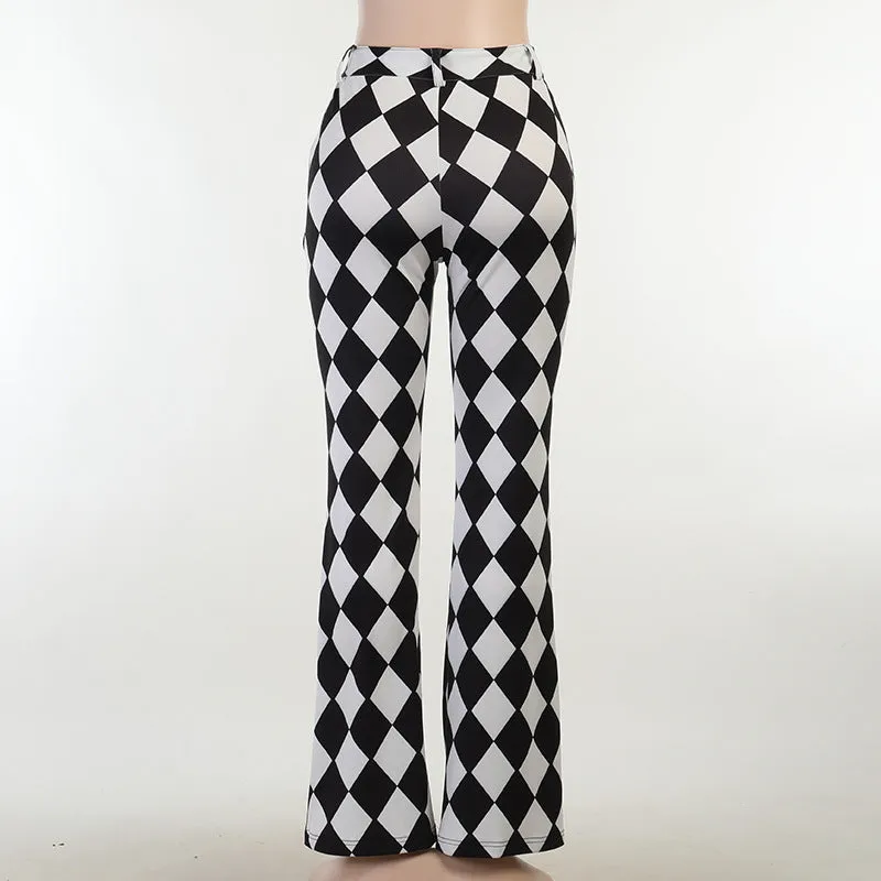 New checkered hip hop pants argyle printed casual hip tight trumpet trousers flared pencil pants