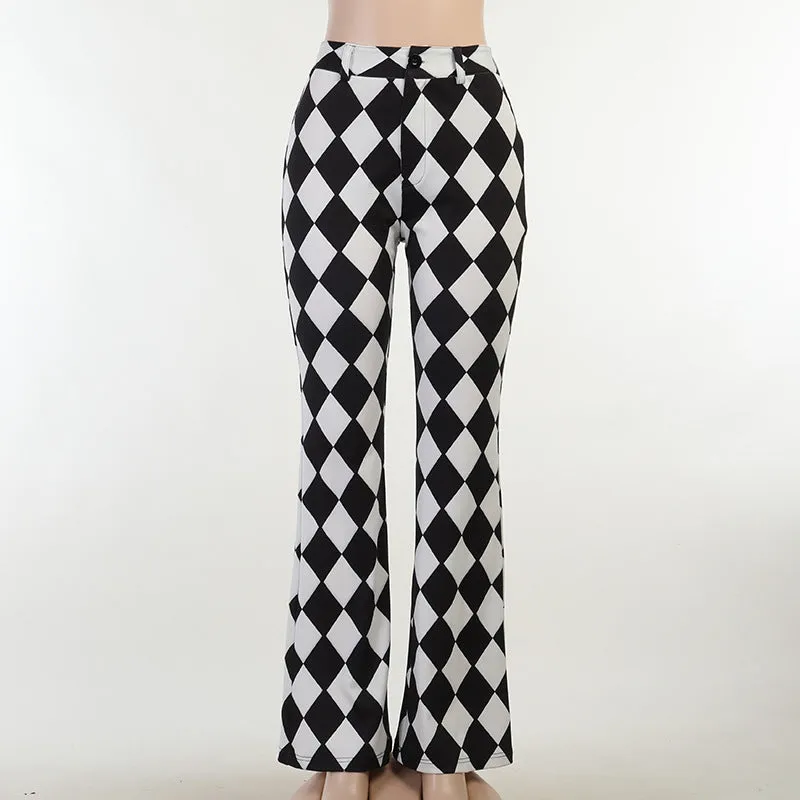 New checkered hip hop pants argyle printed casual hip tight trumpet trousers flared pencil pants