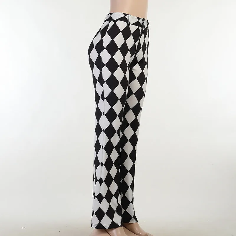 New checkered hip hop pants argyle printed casual hip tight trumpet trousers flared pencil pants