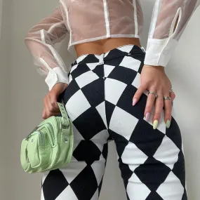 New checkered hip hop pants argyle printed casual hip tight trumpet trousers flared pencil pants