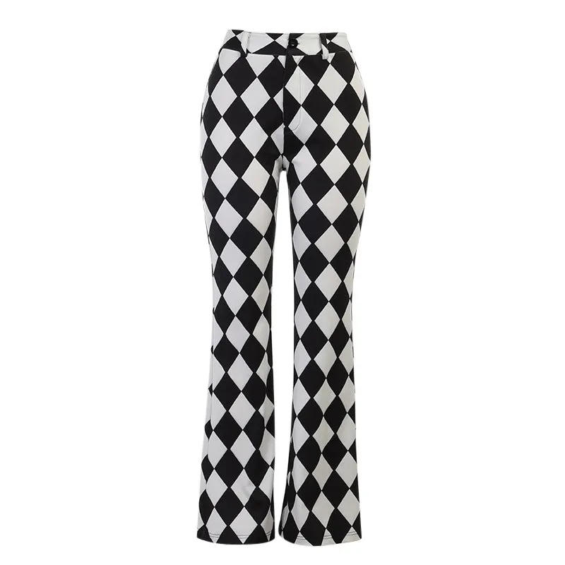 New checkered hip hop pants argyle printed casual hip tight trumpet trousers flared pencil pants