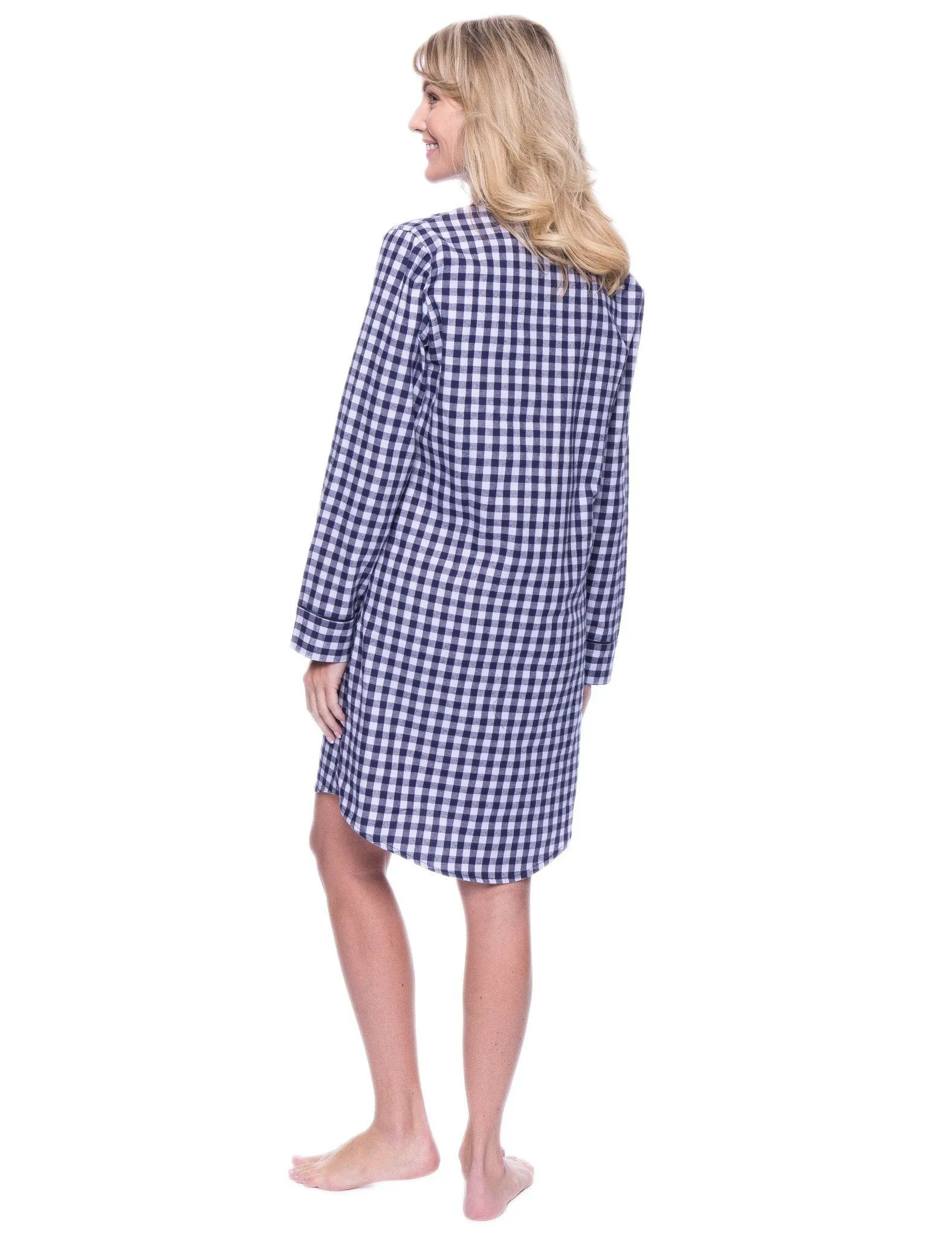 Noble Mount Womens Premium 100% Cotton Flannel Long Sleeve Sleep Shirt - Gingham Blue/Heather